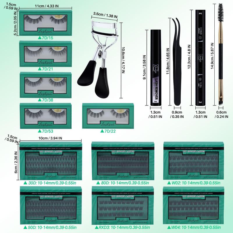 Eyelash Extensions Kit, 1 Set Including Eyelashes & Tweezers & Bond & Seal & Lash Remover & Lash Brush & Lash Curler, Professional Eye Makeup Tool