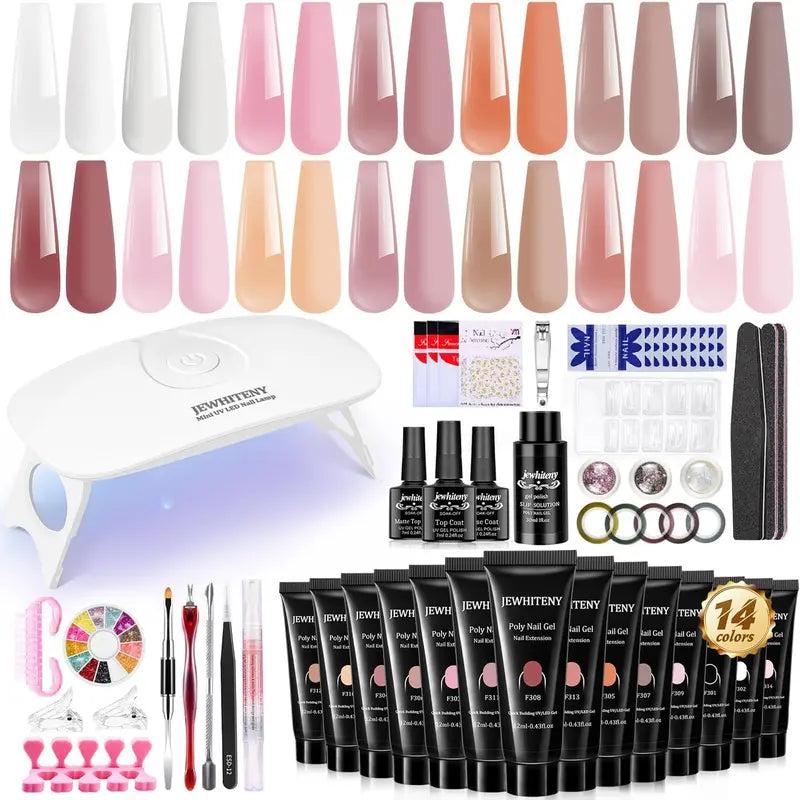 JEWHITENY Poly Extension Gel for Nail, 28 Colors Poly Gel Nail Kit with Nail Lamp Slip Solution Builder Nail Gel Trendy Nail Art Design Nail Extension Gel All in One Nail Kit Easy DIY at Home