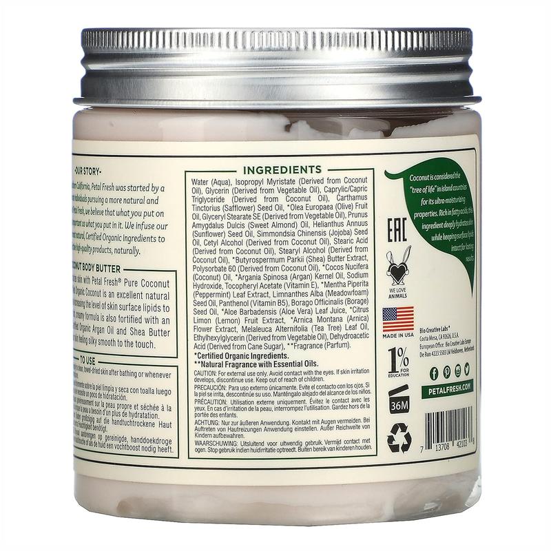 Petal Fresh Pure Smoothing Coconut Body Butter, Organic Argan Oil, Shea Butter, Intense Hydration, For All Skin Types, Natural Ingredients, Vegan and Cruelty Free, 8 oz