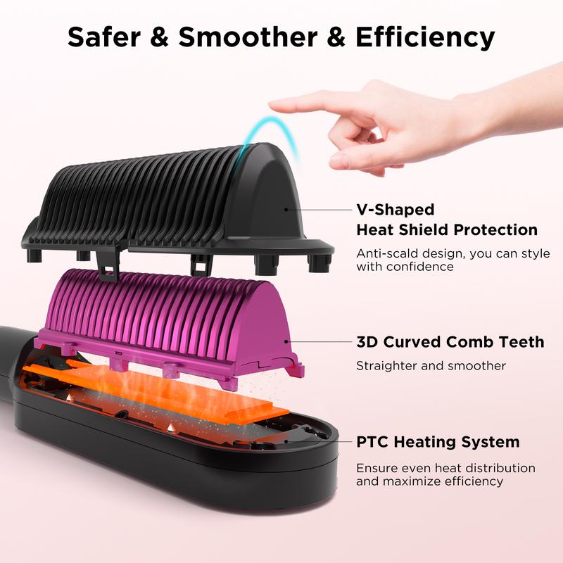 Prizm Hair Straightener Brush 20s Fast Heated Comb, Negative Ions Hair Straightening Comb with Less Frizz 4 Temp Settings LED Display, Anti-Scald Design Gift for Women with Dual Voltage, Black