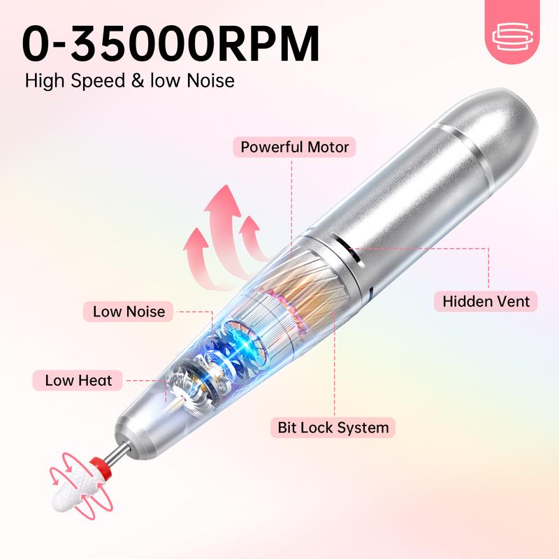 Rechargeable 35000RPM Nail Drill Sparkling Portable Professional Electric Nail File for Acrylic Gel Nails Professional Nail Tools for Manicure Pedicure, Pink