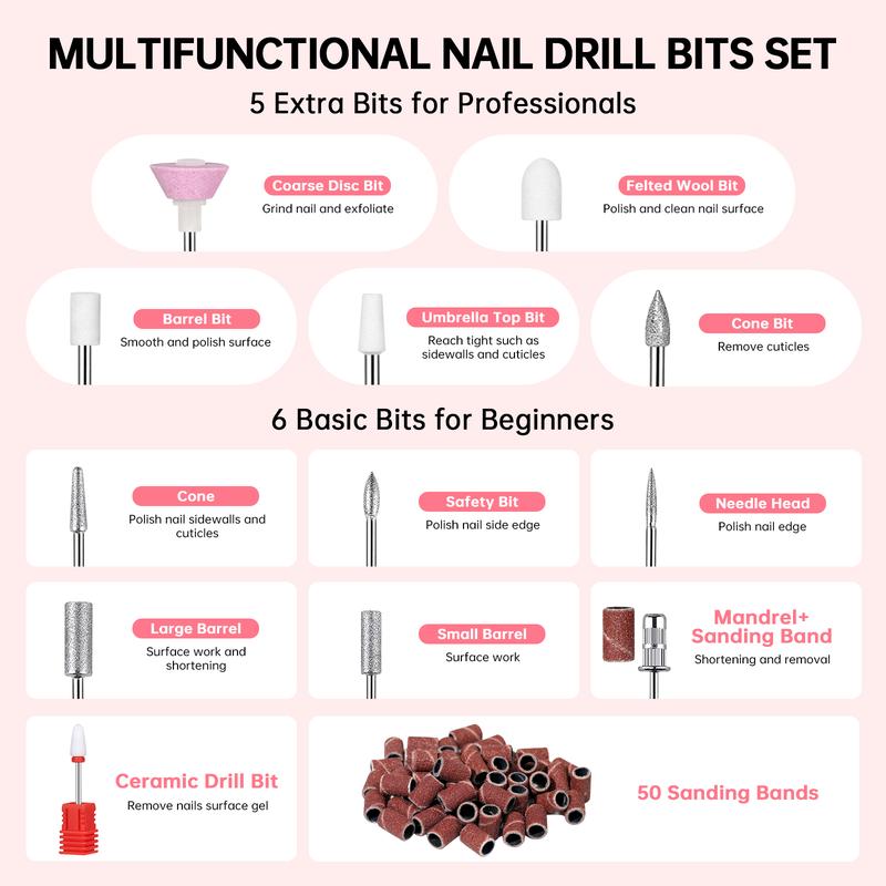 Rechargeable 35000RPM Nail Drill Sparkling Portable Professional Electric Nail File for Acrylic Gel Nails Professional Nail Tools for Manicure Pedicure, Pink