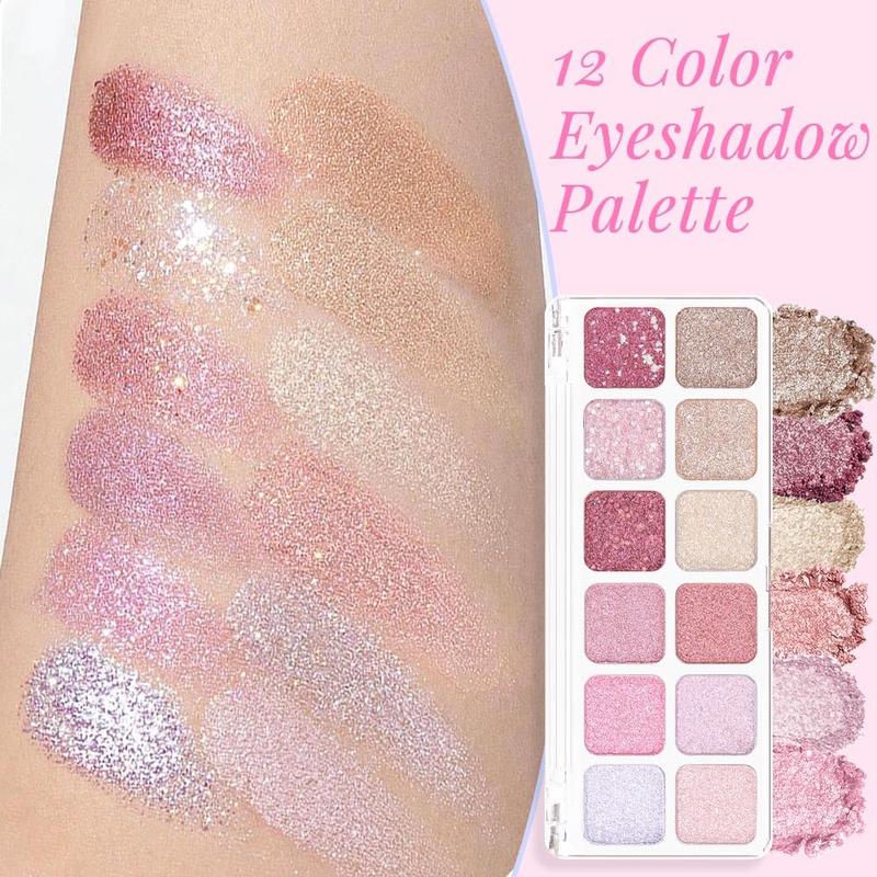 12 Color Pink Rose Red Glitter Eyeshadow Palette for Versatile Day-to-Night Looks - Makeup, Cosmetic