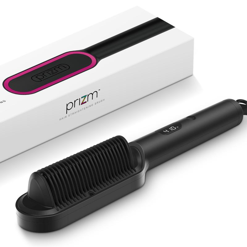 Prizm Hair Straightener Brush 20s Fast Heated Comb, Negative Ions Hair Straightening Comb with Less Frizz 4 Temp Settings LED Display, Anti-Scald Design Gift for Women with Dual Voltage, Black