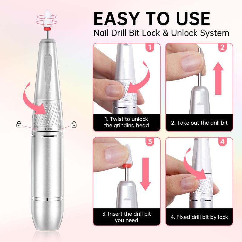 Rechargeable 35000RPM Nail Drill Sparkling Portable Professional Electric Nail File for Acrylic Gel Nails Professional Nail Tools for Manicure Pedicure, Pink