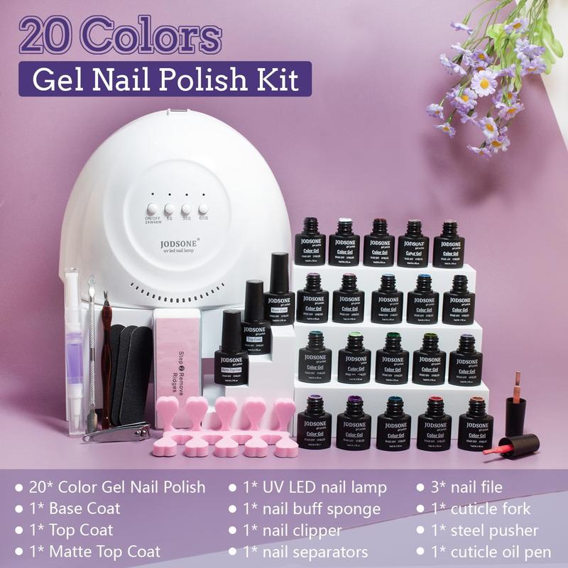 JODSONE 20 Colors Gel Nail Polish Kit with U V Light Base Top Matte Coat High Shine Vibrant Nail Gel Equipped with Manicure Tools