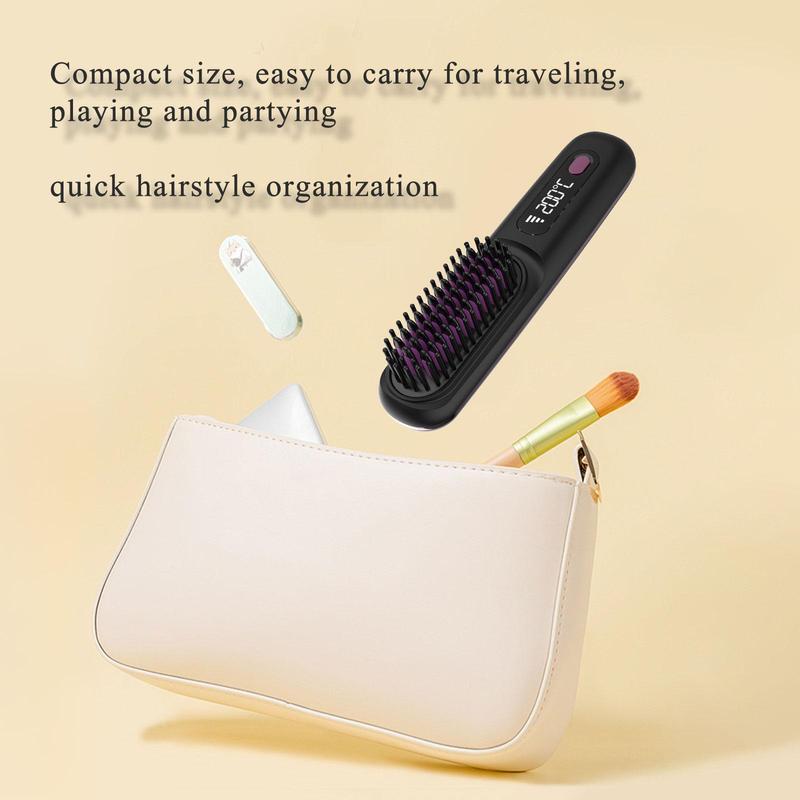 Wireless USB Rechargeable Ceramic Heated Curling Hair Brush, Portable Negative Ions LCD Display Hair Straightener, Straightener Brush for Home School Traveling, Winter & New Year Gift