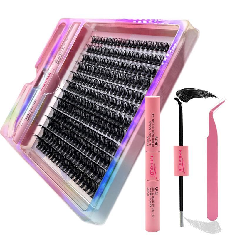 Natural Look Lash Clusters Extensions Kit, Mixed Size Individual False Eyelashes with Lash Glue & Tweezers, Self Grafting Lash Cosmetic