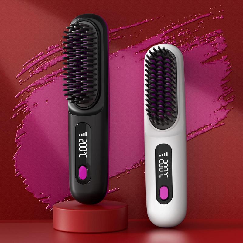 Wireless USB Rechargeable Ceramic Heated Curling Hair Brush, Portable Negative Ions LCD Display Hair Straightener, Straightener Brush for Home School Traveling, Winter & New Year Gift