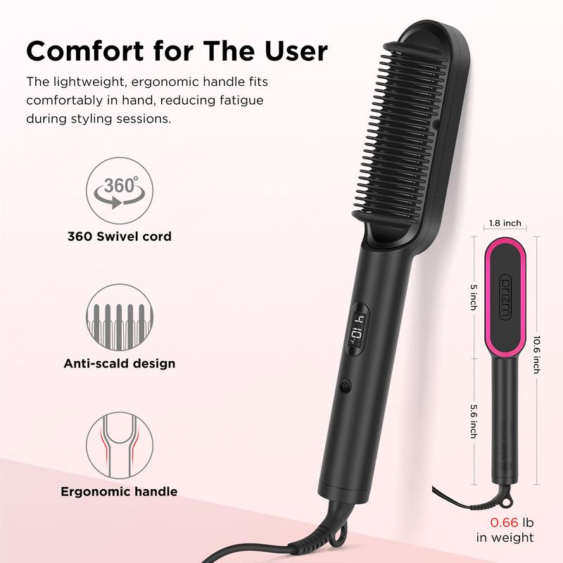 Prizm Hair Straightener Brush 20s Fast Heated Comb, Negative Ions Hair Straightening Comb with Less Frizz 4 Temp Settings LED Display, Anti-Scald Design Gift for Women with Dual Voltage, Black