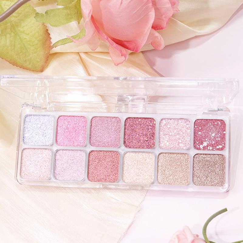 12 Color Pink Rose Red Glitter Eyeshadow Palette for Versatile Day-to-Night Looks - Makeup, Cosmetic