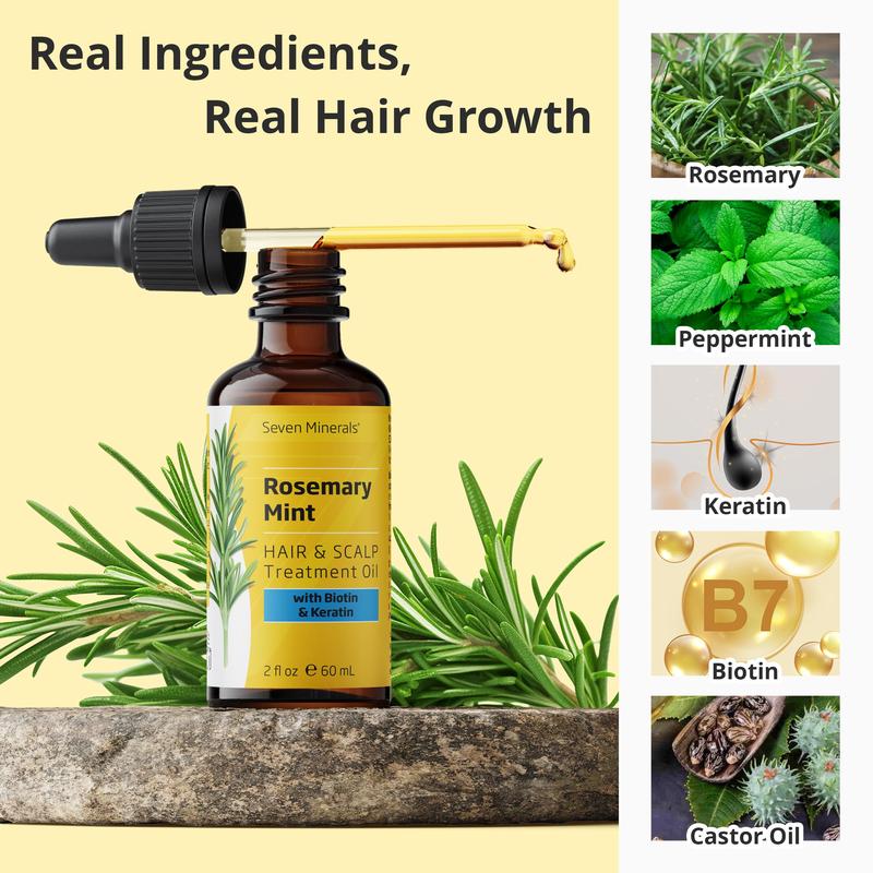 Seven Minerals, Rosemary Oil for Hair Growth - Biotin, Keratin, Mint and Natural Haircare Strengthening Oils, Thicker, Longer, Softer Hair & Comfort