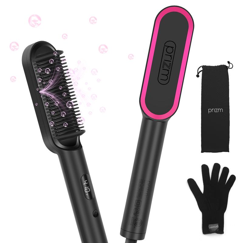 Prizm Hair Straightener Brush 20s Fast Heated Comb, Negative Ions Hair Straightening Comb with Less Frizz 4 Temp Settings LED Display, Anti-Scald Design Gift for Women with Dual Voltage, Black