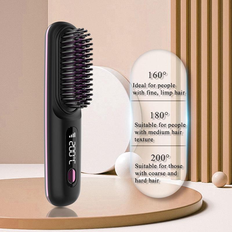 Wireless USB Rechargeable Ceramic Heated Curling Hair Brush, Portable Negative Ions LCD Display Hair Straightener, Straightener Brush for Home School Traveling, Winter & New Year Gift