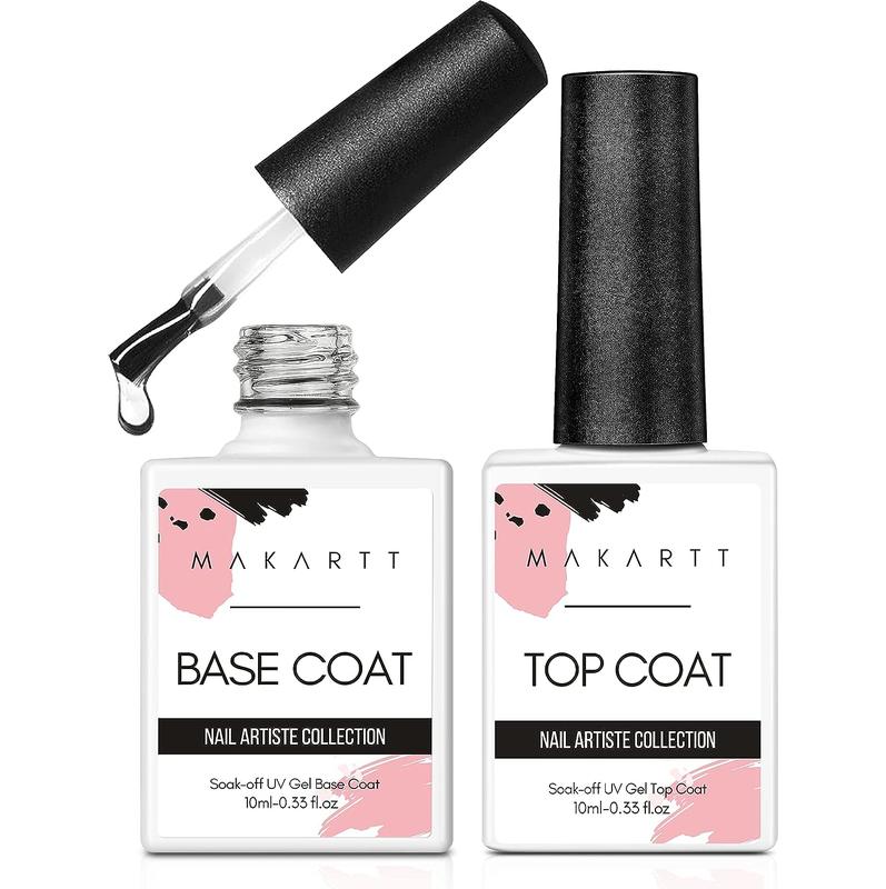 Makartt Gel Top Coat and Base Coat Set, No Wipe Shine Finish Soak Off Gel Base Top Coat Long Lasting LED Nail Lamp Gel for Gel Nail Polish Salon Quality Nail Manicure Gifts, 2pcs 10ML Glossy Nail Art Nail Care Acrylic Color Drying Peel Shimmer Smooth Uv