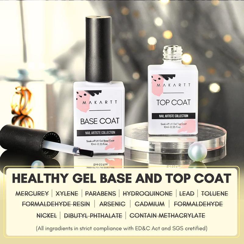 Makartt Gel Top Coat and Base Coat Set, No Wipe Shine Finish Soak Off Gel Base Top Coat Long Lasting LED Nail Lamp Gel for Gel Nail Polish Salon Quality Nail Manicure Gifts, 2pcs 10ML Glossy Nail Art Nail Care Acrylic Color Drying Peel Shimmer Smooth Uv