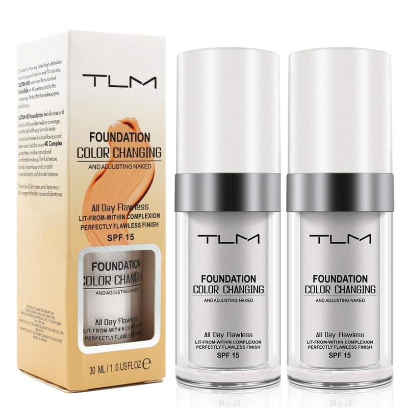 2PCS TLM Flawless Colour Changing Warm Skin Tone Foundation, Naturally Blends foundation makeup, Long Lasting Waterproof  Liquid Foundation SPF