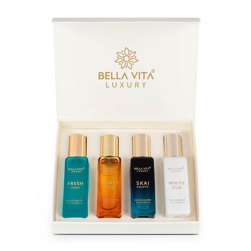 Bella Vita Luxury's Unisex Perfume Gift Set | 4x20 ML for Men & Women | Long Lasting Fragrance Eau De Parfum | SKAI | FRESH | WHITEOUD | HONEY OUD portableperfumekit