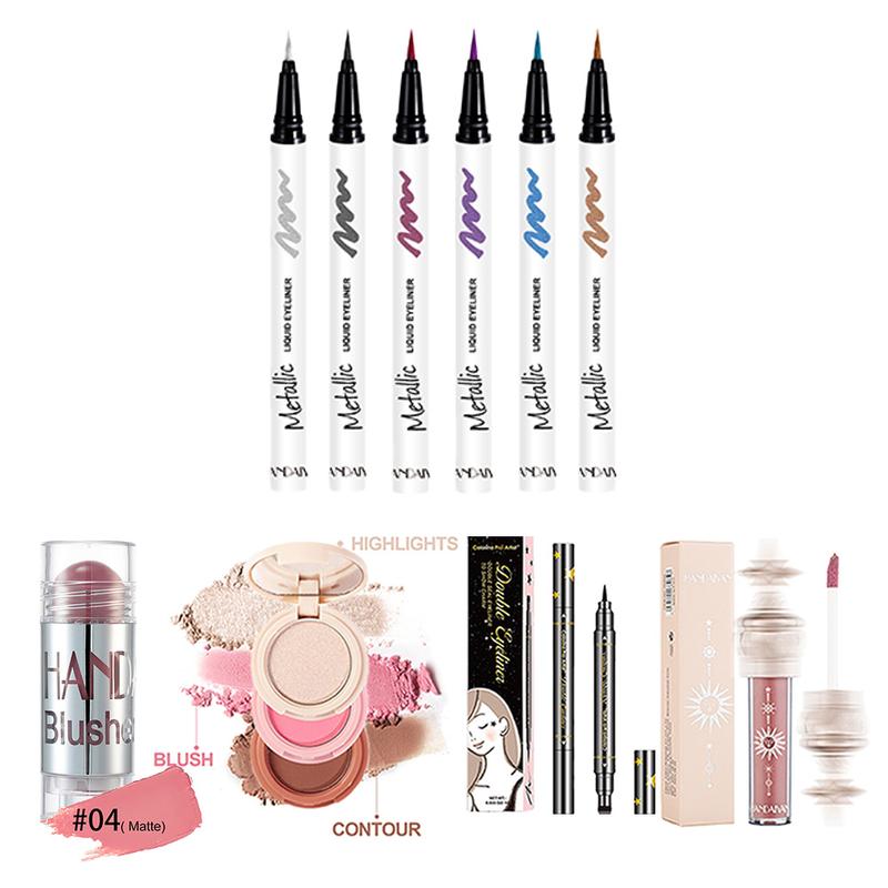 All-in-one Beauty Makeup Set, Eyeliner+Blush Stick+Starlight Lip Glaze+3-in-1 Highlighter+Double-Headed Stamp Eyeliner, Creating a Flawless Girly Makeup Present