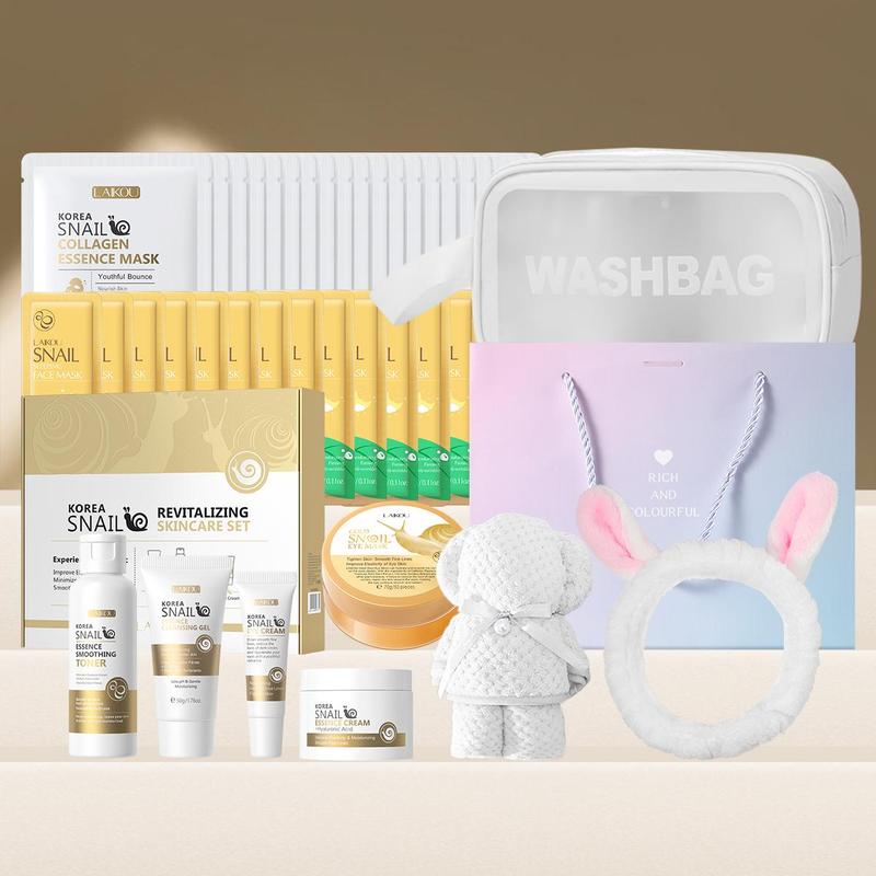 Snail Secretion Filtrate Skin Care Kit, 1 Set Facial Cleanser & Toner & Eye Cream & Serum & Mask & Sleeping Mask & Makeup Bag & Hair Band & Towel & Gift Bag