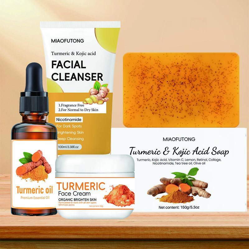 Turmeric Skincare Sets, Kojic Acid Facial Cleanser &  Turmeric Soap & Essential Oil & Face Cream Sets for Dark Spot, 4 Counts set Daily Skincare Christmas Gift for All Skin Types