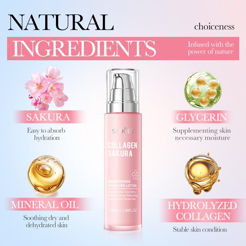 Collagen Sakura Brighten Moisture Lotion,Moisturizing Brighten Face Cream,Brighten Skin Tone Shiny,Water Locking Moisturizing Delicate Skin