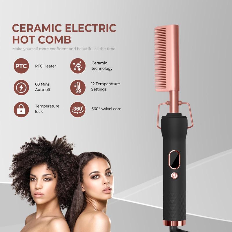 Portable Hair Straightening Comb, Professional Heated Hair Straightener for Women, Hair Curling Iron for Home & Salon Use