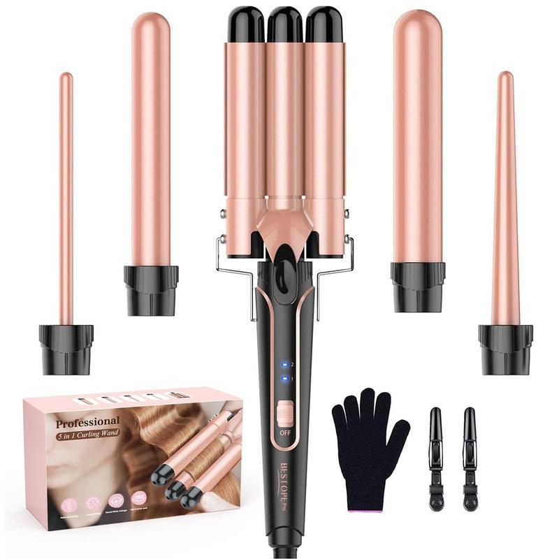 5 in 1 Interchange Curling Iron Wand Set for Christmas Gift, 1 Set Hair Curler with Glove Clips for Wavy Bang Ringlet Spiral, Professional Hair Styling Tool for Women