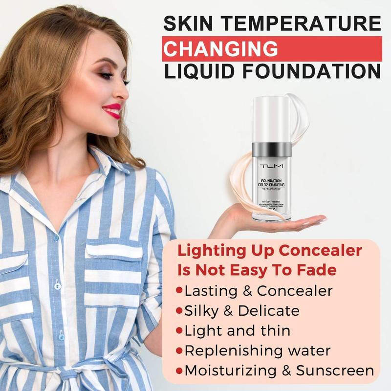 2PCS TLM Flawless Colour Changing Warm Skin Tone Foundation, Naturally Blends foundation makeup, Long Lasting Waterproof  Liquid Foundation SPF