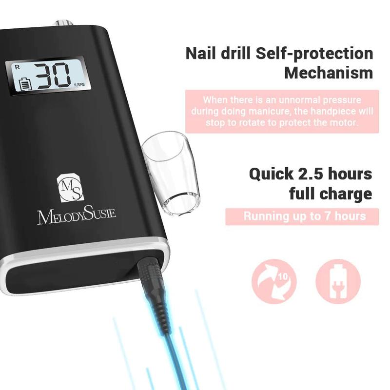 MelodySusie Professional Rechargeable 30000 rpm Nail Drill, Portable Electric E File Scamander, Acrylic Gel Grinder Tools with 6 Bits and Sanding Bands for Manicure Pedicure Shape Carve Polish