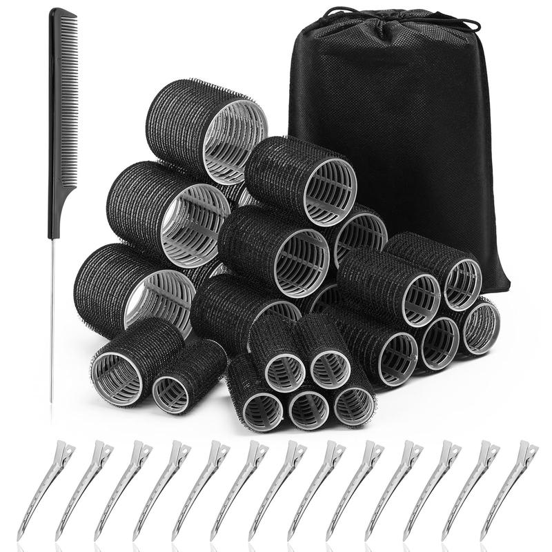 Rollers for Blowout Look, 38 count Self Grip  Rollers Set with 4 Sizes, 12 count  Clips, Comb and Storage Bag for  Volume (Black)