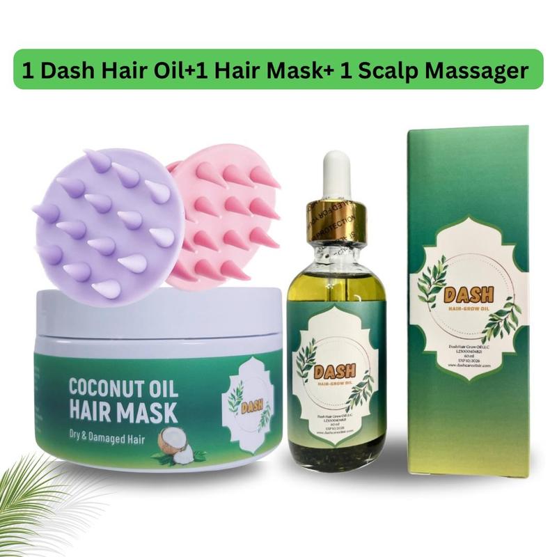 Dash Natural Hair Grow Oil 2 Oz, Coconut Oil Hair Mask-8.45 Oz, Hair Scalp Massager