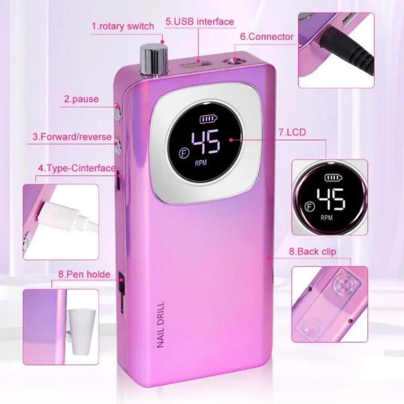 Original 45000RPM Professional Rechargeable Electric Nail Drill Machine Portable Cordless Nail File For Acrylic Gel Nails Remove