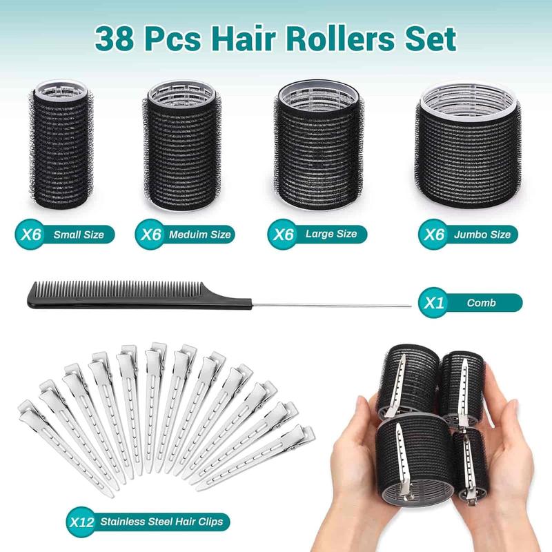 Rollers for Blowout Look, 38 count Self Grip  Rollers Set with 4 Sizes, 12 count  Clips, Comb and Storage Bag for  Volume (Black)