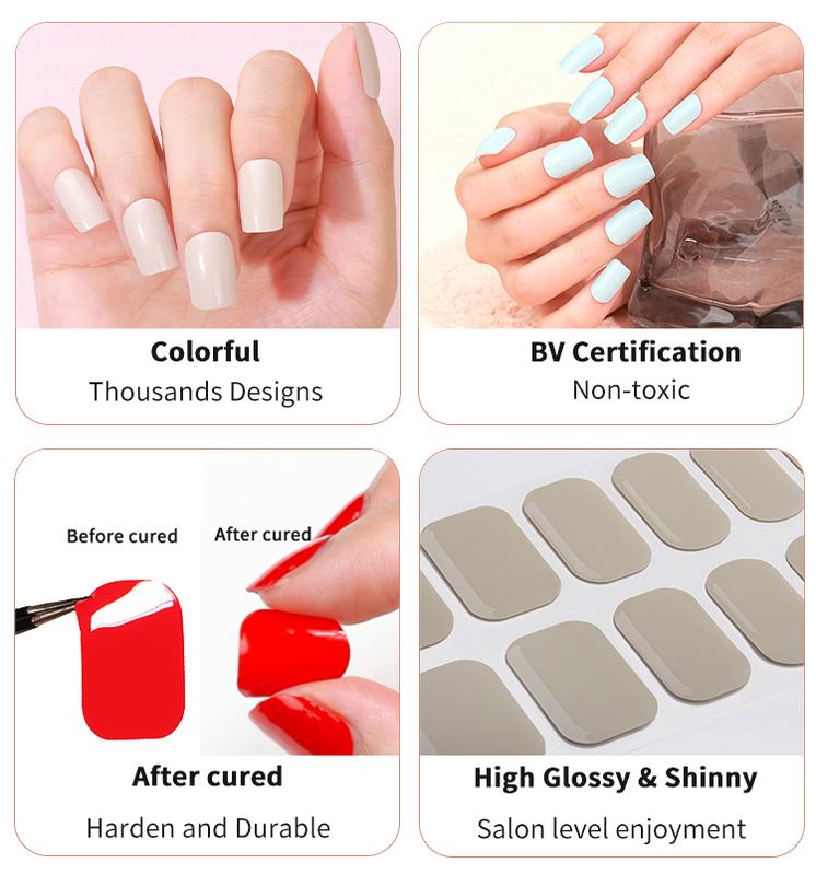 Gel Nail Strips LED nail Lamp Kit,, 20 pcs Gel Nail Stikers, Gel Nail Wraps Semi Cured, Long Lasting Salon-Quality, includes Nail File,Wooden Stick,12W LED nail lamp,Golden, Red and White Charm nail art