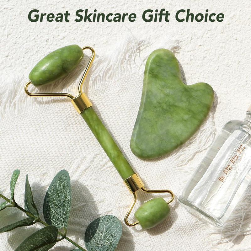 Gua Sha Facial Tools & Jade Roller Set for Skin Care, Reduce Puffiness and Improve Wrinkles, Guasha Tool for Face, Gua Sha Stone Self Care Gift for Woman Man, Christmas Gifts