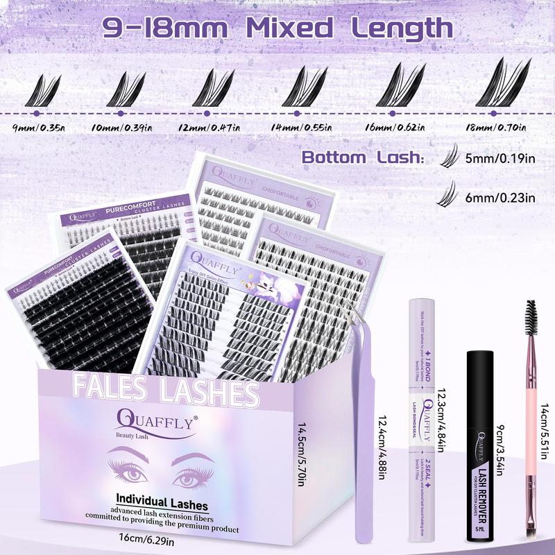 False Eyelashes Kit, 1 Box Individual False Eyelashes with Eyelash Glue & Tweezers & Brush & Glue Remover, Professional Eye Enhancement Tools for Women