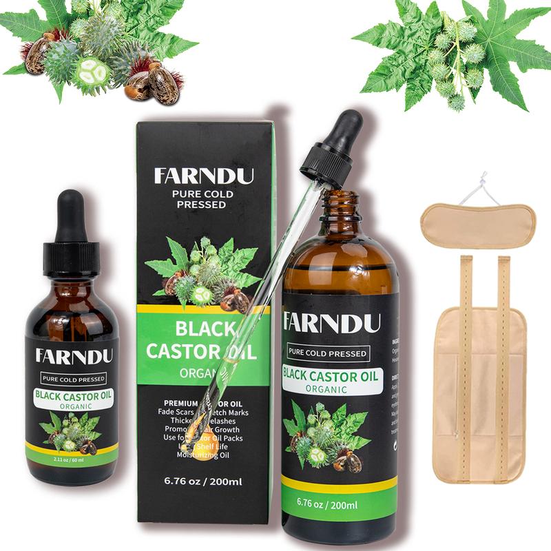 FARNDU,(6.76 Oz)  Thick Castor Oil & care package,  Organic Glass Bottle Pure Cold-Pressed -  massage oil,Natural Virgin Castor Oil Unrefined Moisturizing for Skin Hair Growth for Eyelashes, Hexane & BPA Free Haircare Kit