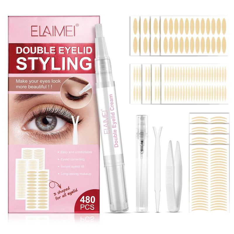 Double Eyelid Styling Kit, 480pcs Double Eyelid Sticker with Double Eyelid Cream & Y-fork, Eye Makeup Tool for Women