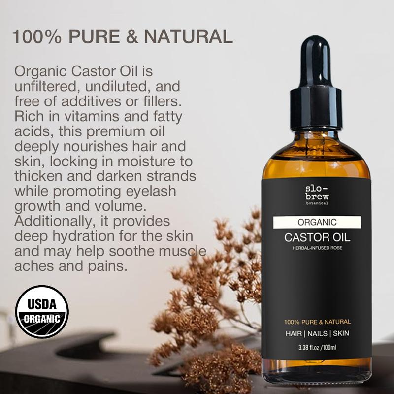 Slo-Brew Organic Castor Oil - 100% Pure and Natural - Premium Grade Expeller-Pressed for Hair Growth, Bold Lashes & Brows - Carrier Oil for Rich Hydration for Hair & Skin - Glass Bottle