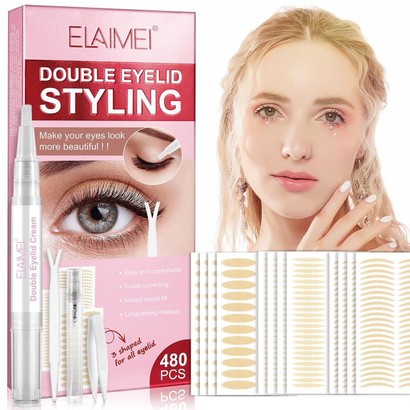 Double Eyelid Styling Kit, 480pcs Double Eyelid Sticker with Double Eyelid Cream & Y-fork, Eye Makeup Tool for Women