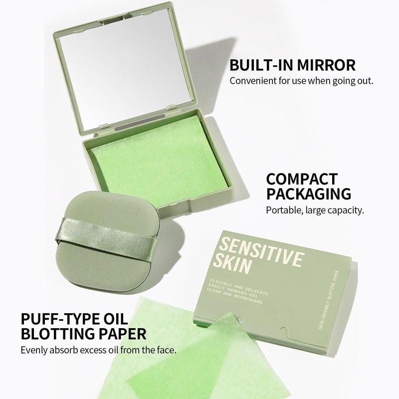 Oil Blotting Sheets for Face with Mirror and Puff, 300 Sheets Oil Blotting Paper for Oily Skin, Face Oil Absorbing Sheets, Natural Oil Control Film, Absorb Excess Oil, Makeup Friendly