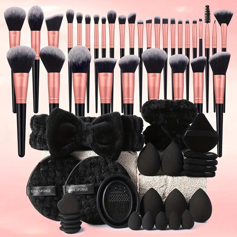 58-Piece Makeup Tool Set - Hydrophilic PU Blenders & Sponges Kit, Unscented, Suitable for Normal Skin, Includes 32 Matte Rose Gold Brushes, 10 Black Beauty Sponges, 10 Heart & Triangle Puffs, 2 Cleansing Pads, Hair Band, 2 Wristbands & Brush Cleaning Bowl