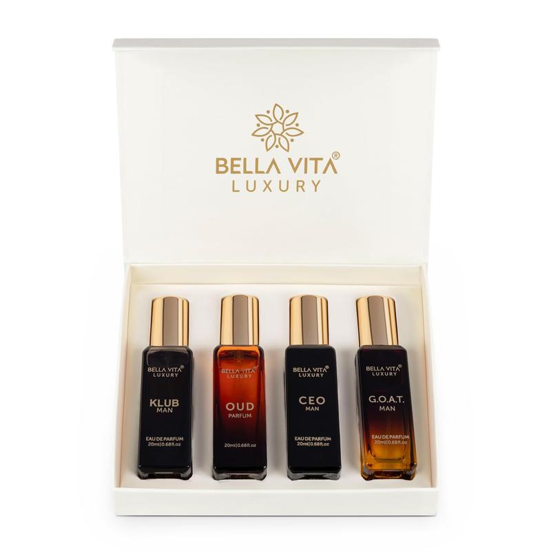 BellaVita Luxury's Perfume Gift Set for Men | 4 Luxury Minis | Long Lasting | Oud, CEO Man, Klub Man, G.O.A.T.| Eau De Parfum | Portable Perfume Kit