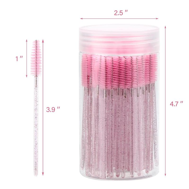 100 Pcs Disposable Mascara Wands, Crystal Eyebrow Spoolies Brush for Eyelash Extensions, Pink Lash Brushes with Container