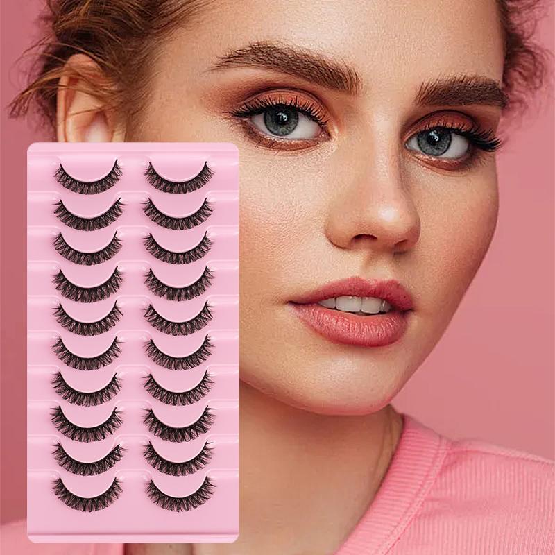 10 Pairs Fluffy False Eyelashes, Wispy Cat Eye Faux Cluster Lashes, Natural Curling Eye Makeup Strip Lashes, Full Volume Eyelash for Lashes Extension