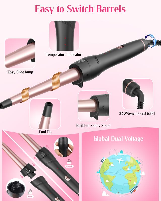 ANIEKIN 5-in-1 Curling Iron Set: Includes a Curling Brush and 4 Interchangeable Ceramic Wands (0.39”-1.25”), Instant Heat, Dual Voltage Hair Curler, Great Gift for Girls and Mother