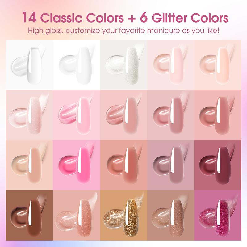 ROSALIND Poly Nail Gel Kit with U V Light, 20 Colors Clear Natural Pink Poly Nail Gel Starter Kit Glitter Pink Poly Nail Gel Kit with Tools for French Nail Art DIY