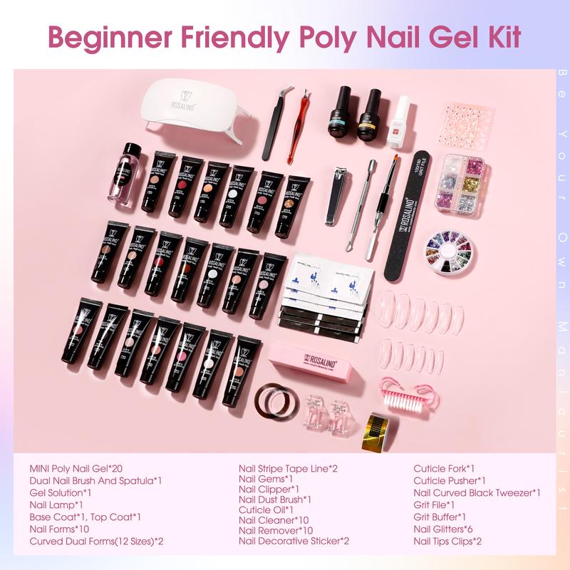 ROSALIND Poly Nail Gel Kit with U V Light, 20 Colors Clear Natural Pink Poly Nail Gel Starter Kit Glitter Pink Poly Nail Gel Kit with Tools for French Nail Art DIY