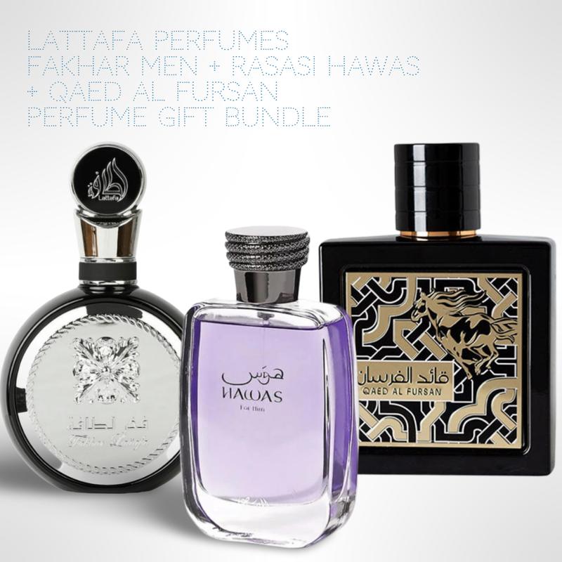 Lattafa Perfumes Fakhar men + Rasasi Hawas + Qaed Al Fursan 100ml (3.4 Fl oz) Long Lasting Perfume - Value Bundle - Fragrance Gift Bundle